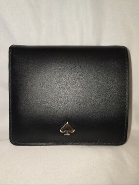 kate spade Black Leather Compact Card Wallet with Gold Spade Accent Euc